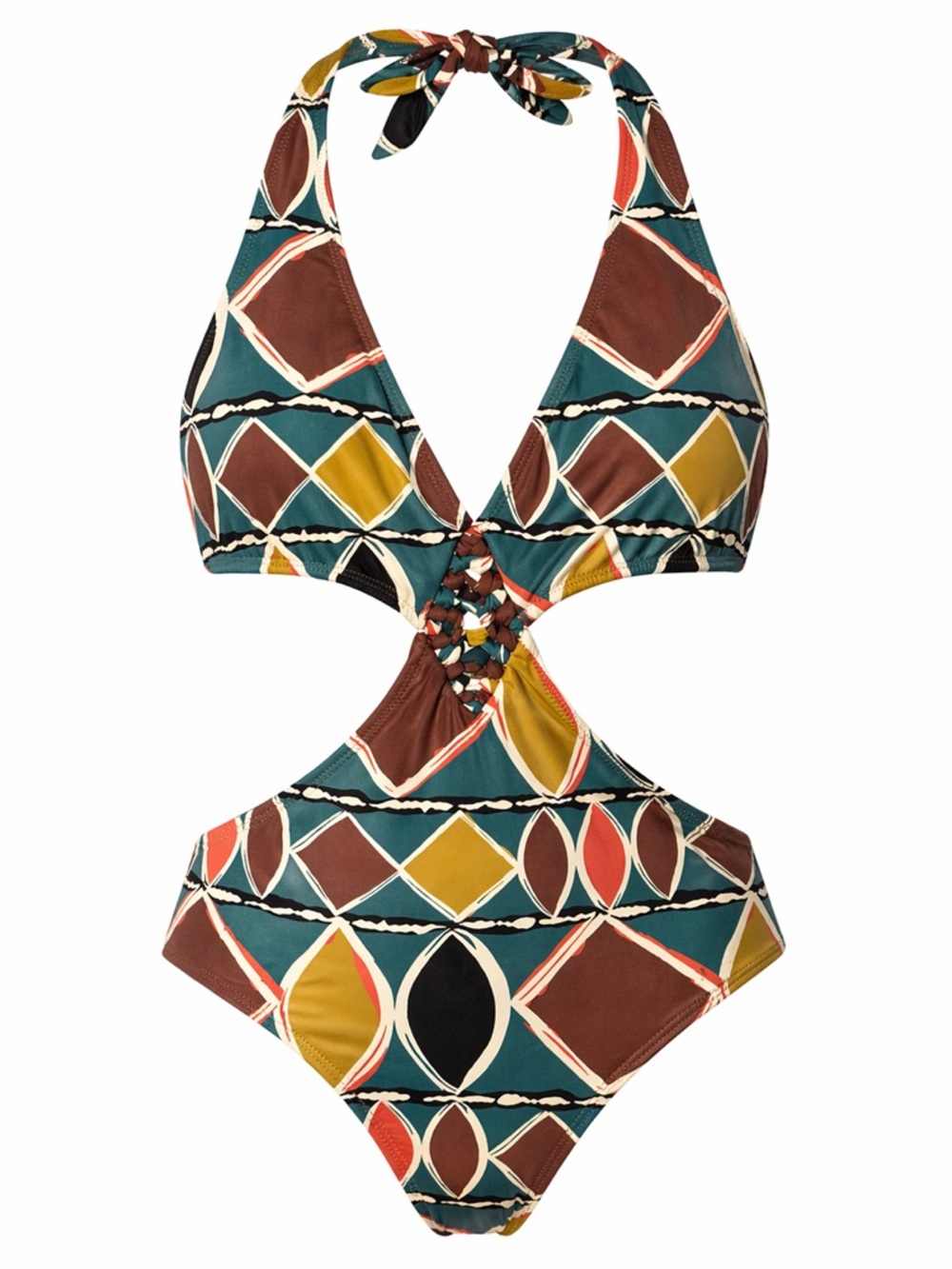 BCBG Max Azria Cutout One Piece Swimsuit XS Geometric Halter Monokini Boho